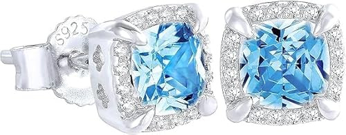KRKC&CO 925 Silber Ohrstecker für Herren, Viereckige Iced Out Ohrringe mit Zirkonia Steinen in Blau/Weiß, Weißgold beschichtet, Allergiefrei, 7mm - Geschenk für Männer und Jungen