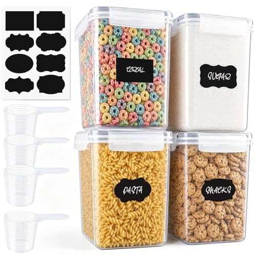 Yirilan Flour Storage Containers Set, Food Storage Containers with Lids | 4 Pack 2.5L Plastic Airtight Large kitchen storage containers, with spoons, labels, pen, for Cereal, Rice, Pasta, Dry Food