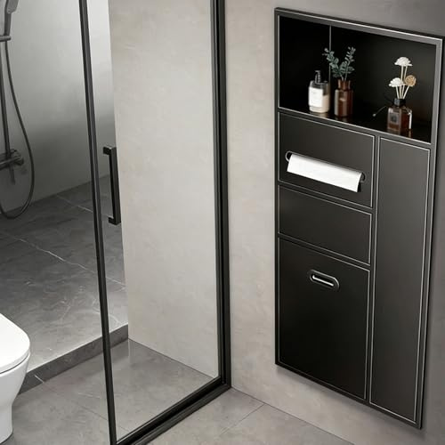 HDYZJQ nicchia portarotolo da incasso Nicchia Porta Carta Igienica Con Pattumiera Integrata 4 In 1, Mobiletto Organizer Moderno Per Il Bagno Con Porta Scopino E Ripiano(Black)