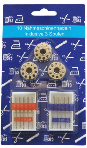 Nähmaschinen Set: 5 Universal - Nähmaschinennadeln, 5 Jeans - Nähmaschinennadeln + 3 Nähmaschinenspulen aus Metall