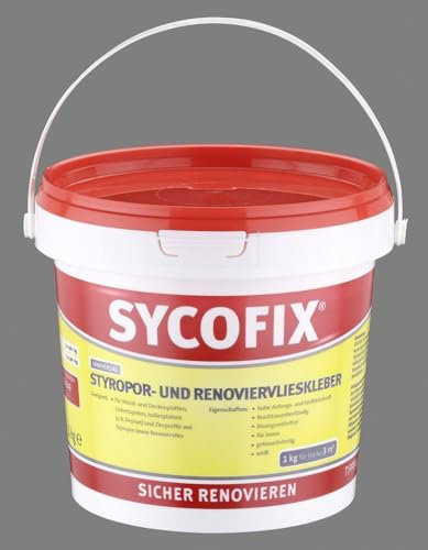 SYCOFIX Universal Styropor- und Renoviervlieskleber 1 kg, gebrauchsfertiger Kleber mit hoher Anfangs- und Endklebkraft, für Styroporplatten,Styroporleisten und Isolierplatten,weiß, Dämm-Materialien