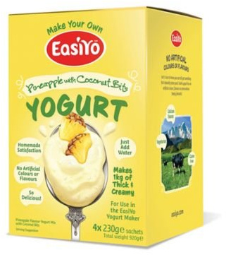EasiYo Pineapple with Coconut Bits Yogurt mix sachets, 4 x 230g - Each Makes 1kg