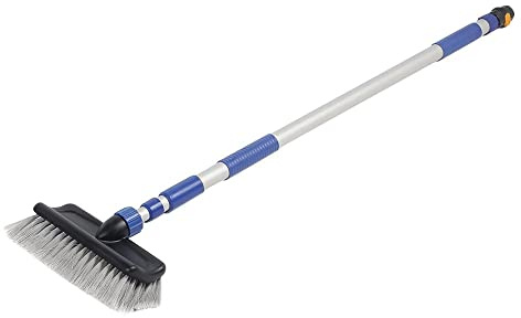 Camco Flow-Through Wash Brush with Push Button Telescoping Handle - Connect to Standard Water Hose to Clean Your Vehicle | Great for RV, Truck Boat and Car Washing - (41960)