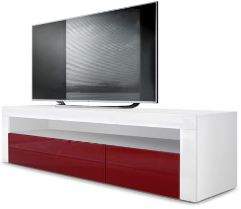 Vladon Lowboard Valencia, Made in Germany, TV-Kommode mit 1 offenem Fach und 2 Klappen, Weiß matt/Bordeaux Hochglanz/Weiß Hochglanz (155 x 46 x 40 cm)