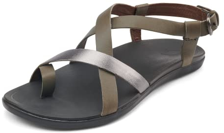 OLUKAI Upena Women's Strappy Beach Sandal, Lightweight & Durable Design, Water Resistant Slides for All-Day Comfort & Style, Charcoal/Pewter, 8