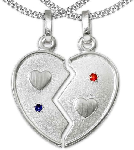 CLEVER SCHMUCK Set Halsketten 2 Partneranhänger kleines Herz 18mm Stein safirblau & rubinrot & 2 Ketten Panzer je 50 cm Sterling Silber 925 im Etui rot Ich liebe Dich
