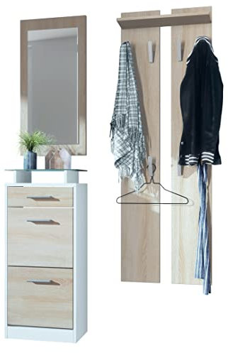 Vladon Garderobenset Garderobe Loret V2 Mini, Korpus in Weiß matt/Front in Eiche sägerau