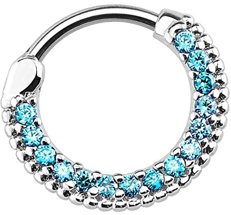 Piersando Piercing Scharnier Clicker Ring Schild Tribal mit Kristall Strass Steinen Vintage Septum für Tragus Helix Ohr Nase Lippe Brust Intim Silber Aqua 1,2mm
