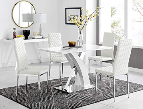 Furniturebox UK Dining Set - Atlanta Dining Table and Milan Chairs Set Of 4 - Contemporary High Gloss Chrome Table with Modern Milan Chairs (White Dining Table + 4 White Milan Chairs)