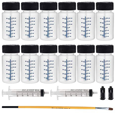 BENECREAT 12 Packs 50ml Touch Up Paint Bottles with Child Resistant Brush Caps and Mixing Balls, 1 Brush, 2 Plastic Syringes and 2 Stoppers for Glue Leftover Paints Storage