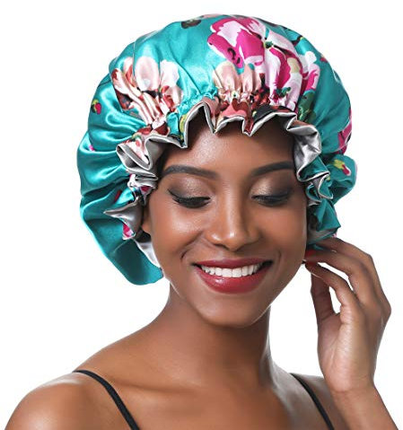 SENGTERM Seiden Schlafmütze Damen Frauen Nachtmütze Satin Verstellbare Doppelschichten Motorhaube seiden Haarpflege Kopfhaube Nacht Haube Mütze für lockiges Haar Lange Haare (XL, Green Flower)