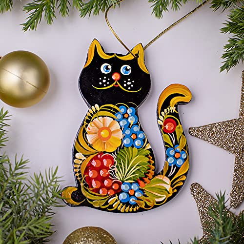 Schwarze Katze - Handbemalter Christbaumschmuck aus Holz 8.5 х 7 х 0.5 cm Ukrainisches Traditionelles Kunsthandwerk Katzenfreunde Geschenk Exklusiver Weihnachtsschmuck