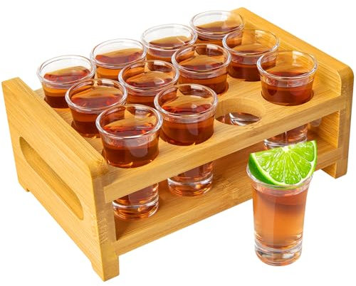 Supwinnet Shot Glasses and Holder Mini Shot Glasses Set 0.5 oz - 0.66 oz / 15ml- 20 ml Set of 12 Shot Glass Stand Tray Clear Glass for Party Club Bar Home