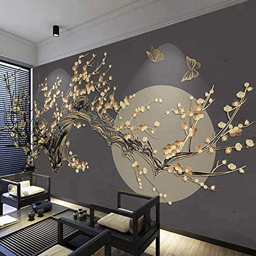 Papier Peint 3D Poster Poster Géant 3D Arbre à fleurs doré de style chinois Papier Peint Intissé Chambre Salon Restaurant Moderne Décoration Wallpaper 200x140cm