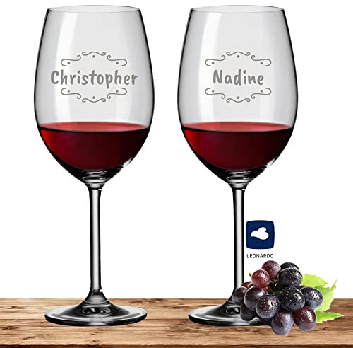 Deitert 2X Leonardo Bordeauxglas Rotweinglas XL mit Namen oder Wunschtext graviert, 640ml, Daily, personalisiertes Premium Bordeauxglas in Gastroqualität (Verzierung 02)