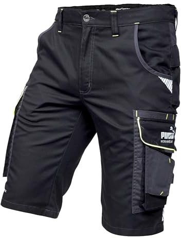 PUMA Workwear Precision X - Kurze Arbeitshose Herren - Robuste & Flexible Arbeitsshorts - Viele Taschen und Bequeme Passform - Ideal für Handwerk Heimwerk und Baugewerbe - Schwarz/Neon - Gr. 60