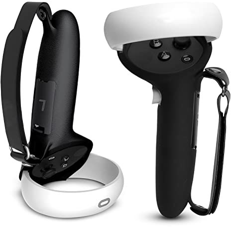 VirtualBuff Controller-Griffe kompatibel mit Oculus Quest 2, verlängerter Griff für größere Hände, einfacher Batteriewechsel, VR-Zubehör mit Silikonabdeckung und verstellbaren Handknöchelriemen aus