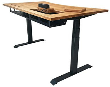 ErgoHide® Höhenverstellbarer Schreibtisch aus Massivholz mit erweitertem Kabelmanagement/Kabelkanal (Eiche, Schwarz, Ergonomisch, 180x80cm)