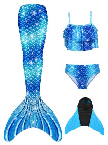 BAWADE Meerjungfrauenflosse Mädchen Meerjungfrau Flosse mit Bikini Setfür Kinder und Monoflosse(4 Stück)