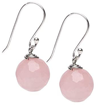 Boucles d'oreilles pendantes en argent pour femmes avec pierres naturelles 12mm | Cadeau pour femmes, filles (Quartz rose)