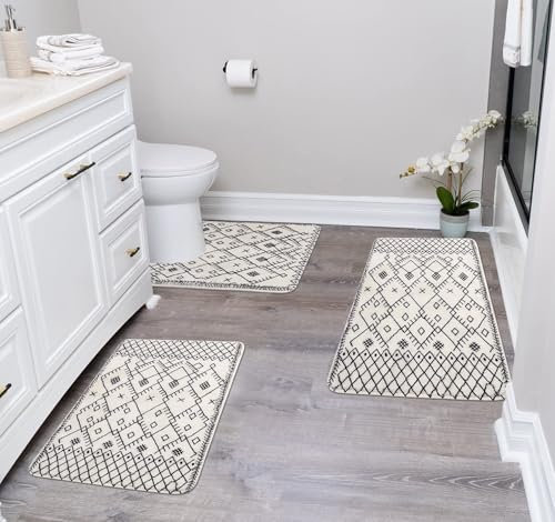 Uphome Badezimmerteppich-Set, 3-teilig, Boho, geometrisch, Badematte mit U-förmigem WC-Vorleger, rutschfest, marokkanisches Bauernhaus, Beige, Badteppiche, weicher Samt, maschinenwaschbar,