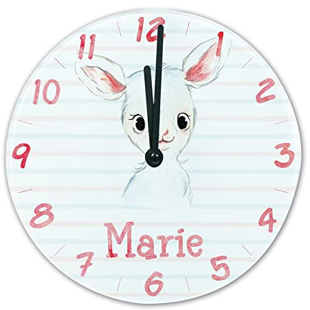 timalo® Wanduhr Tiere Kinderzimmer personalisiert mit Namen | Geschenk Uhr für Kinder mit süßen Tiermotiven | Schaf glasuhr-t-06