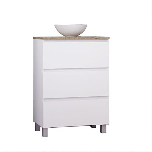 Baikal Conjunto de Mueble de Baño Ness, Especial para baños pequeños. Mueble de Fondo Reducido en 36cm, Incluye Lavabo Cerámico. Mueble MONTADO. Tres Cajones 60 cm Blanco