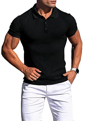 Agilelin Polo Uomo Manica Corta,Maglietta Muscle Slim Fit,Magliette Golf Palestra,T-Shirt Casual Elastico（nero/M)