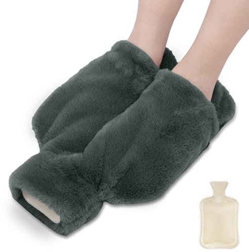 BNGXR Fußwärmer Wärmflasche, 2L Fußwärmer Ohne Strom für Erwachsene Weiche Wärmflasche für die Füße mit Weichem Plüschbezug Fußheizkissen Warmwasserbeutel für Zuhause Büro(Grau)