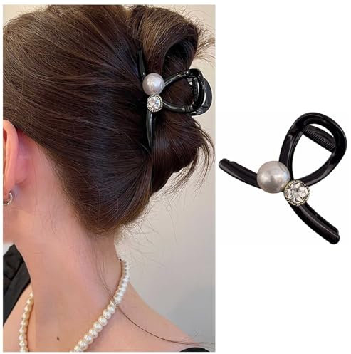 Dervivea Crystal Pearl Hair Claw Clip Plastic Hair Claw Jaw Medium Black Hair Claw Clamp Non Slip Ponytail Hair Clip Claw Thick Curly Hair Clip Decorative Hair Accessories for Women and Girls Headdres
