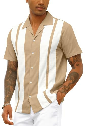 Mens Vintage Bowling Shirt Cotton Linen Beach Shirts Short Sleeve Striped Button Down Summer Tops Hawaiian Shirts Beige XL