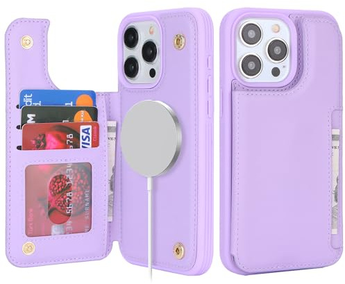SailorTech for iPhone 14 Pro Max Case with Credit Card Holder Magsafe, iPhone 14 Pro Max Phone Leather Case for Women Compatible mag safe Card Slots Durable Shockproof Wallet Case - Purple