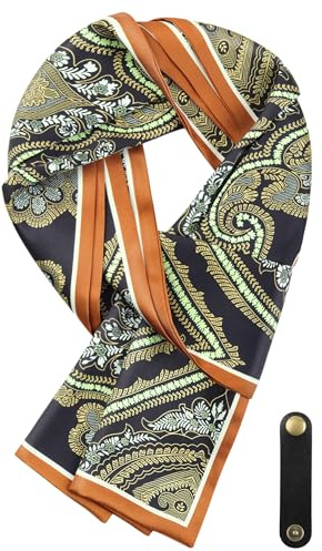 WANYING Herren Schal aus Kunstseiden Krawattenschal Ascot Multifunktion Halstuch Langer Schal mit Leder Loop Casual Business Gentleman 16 * 149 cm - Druckmuster Schwarz Braun Retro Pattern