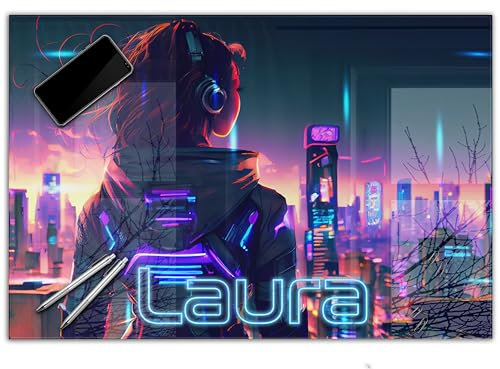 Gamer Schreibtischunterlage personalisiert mit Namen | 60 x 40 cm Cyberpunk Mädchen | wasserfeste Schreibunterlage, abwischbar, hochwertiges Acrylglas, gaming Motiv Teenager Kunststoff