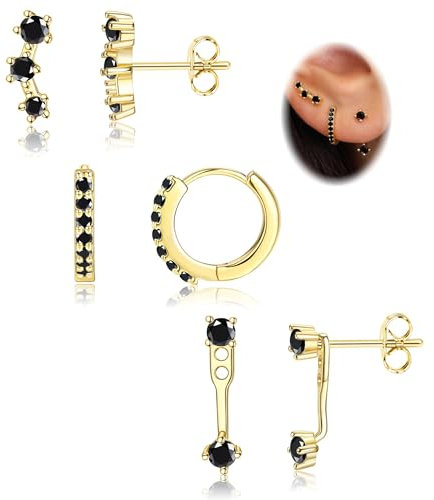 Morfetto 3paar Ohrringe Silber 925 Set für Damen Ohrstecker Creolen Silber 925 Hypoallergen Ohrringe Klein Piercing Ohr Gold Ohrstecker Creolen Helix Piercing Set Gold,Schwarzes CZ