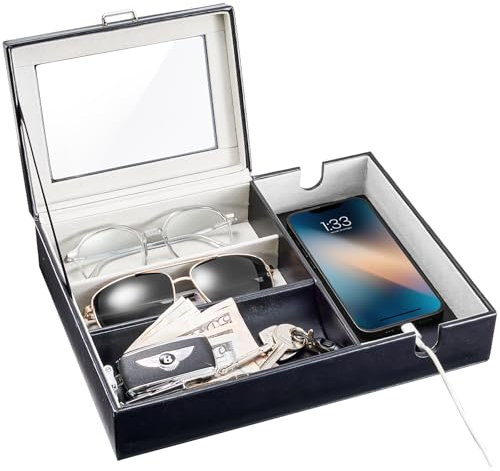 ProCase Valet Tablett, Kunstleder Nachttisch Organizer Schreibtisch Aufbewahrungsbox, Schreibtisch Ordnungssystem Nachttisch Ablage für Schmuck Uhr Schlüssel Geldbeutel Münzen- 1 Lage,schwarz