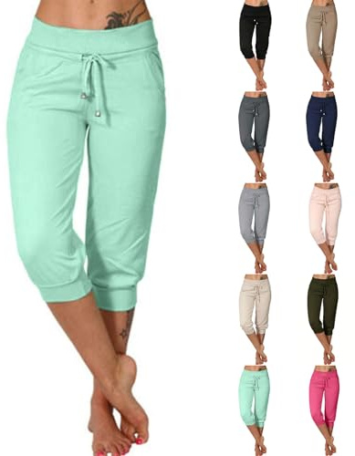 Jamicy Damen Sommer Caprihose Jogginghose Lässig Locker Bequem 3/4 Lange Hose Baumwolle Sommerhose Yoga Fitness Activewear mit Tasche für Sport und Freizeit