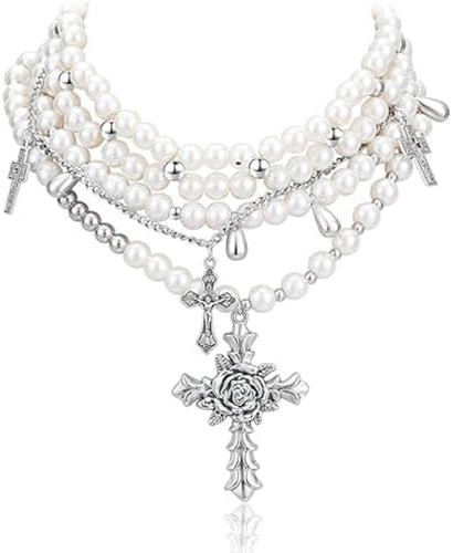 Nayyana 3-teilige Perlenkette, Statement-Perlenkette mit Gothic-Kreuz, gestapelte Perlenkette für Frauen, Gothic-Kreuz-Stapelkette, Y2K-Mehrschichtkette für Halloween-Party