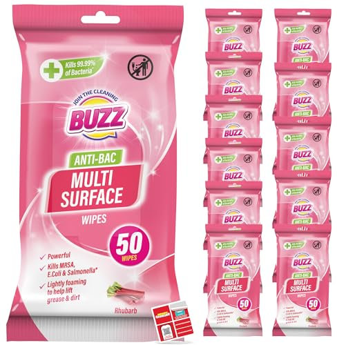 Buzz 12pk Anti-Bac Multi Surface Wipes, 18cm x 19cm Rhubarb Scented Cleaning Wipes, Quick-Drying, Safe for All Surfaces, Ideal for Household, Kitchen & Bathroom Cleaning, Tough on Dirt & Grease