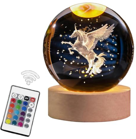 AOFEGRLT Bola de cristal de unicornio grabada en 3D, control remoto, base de luz LED, cambio de 16 colores, lámpara de esfera de cristal, figura de unicornio regalo para mujeres y niños