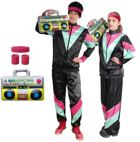 Funnlot 80er Jahre Outfit Damen Herren - 6pcs KostüM 80er Jahre 80er Trainingsanzug KostüMe für Erwachsene Karneval KostüM Damen Paar Retro Jacke 80er Jahre Outfit Herren Damen Black L