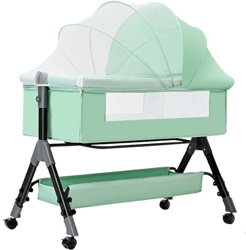 MYXJX Stubenwagen Leicht zusammenklappbares Babybett mit Aufbewahrungskorb, höhenverstellbar, weicher Matratze und Rädern, Stubenwagen-Nachtbett, rosa(Green)