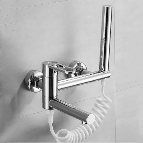 An der Wand montierter Badewannenhahn mit Dusche, 90 ° schwenkbarer Auslauf, Badezimmer-Einfüllarmatur, Badewannenarmatur, Badewannenmischarmatur, Chrom, mit Federschlauc(Chrome-with spring hose)