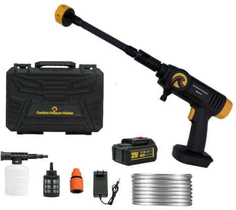Sunster Akku Hochdruckreiniger Auto, 21V 45Bar Tragbarer Hochdruckreiniger Pistole mit 3.0 Ah Akku, 6-in-1 Verstellbarer Düse, 5M Schlauch, Tragbarer Hochdruckreiniger für Auto, Terrasse, Fenster
