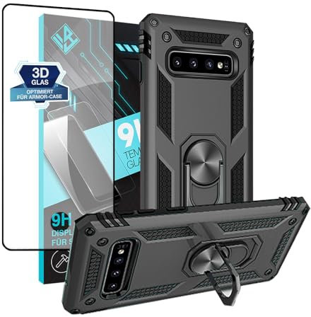 LBH Outdoor Hülle für Samsung Galaxy S10 mit Displayglas Armor Militär Stoßfest Handyhülle 360 Grad Metal Ring Halter Ständer Schutzhülle für Handyhalterung Auto Magnet Schwarz