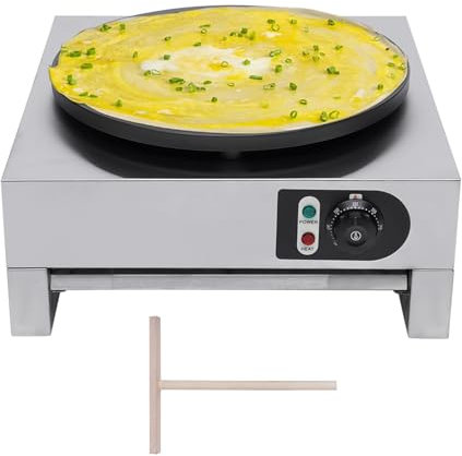 Crepera Electrica 3000W Máquina Comercial Para Hacer Crepes 50-300℃ Temperatura Ajustable Máquina de Crepé 40cm Bandeja con Indicadores Pies Antideslizantes Espátula de Madera