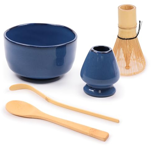 BambooMN Brand - Matcha Bowl Set (Includes Bowl, Rest,Tea Whisk, Chasaku, & Tea Spoon) 1 Set Dark Blue