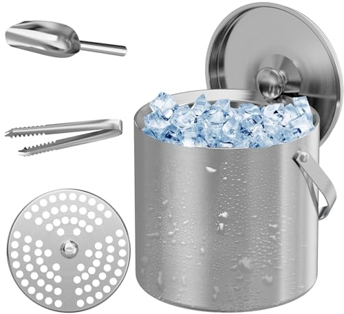 LHD HOME Ice Buckets for Parties 3L Insulated Ice Bucket with Lid Ice Tong Ice Scoop and Strainer for Cocktail Bar Portable Stainless Steel Double Wall Keeps Ice Cold&Dry for Home Bar Beer Champagne