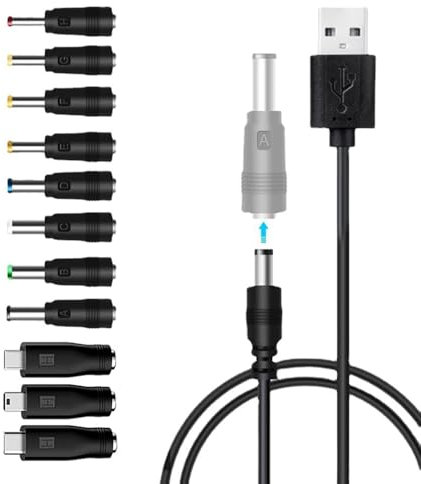 USB to DC Power Cable,1.5m Universal 5v USB Power Chager Cord Dc 5.5 X 2.1mm Plug Adapter 3A with 11 Tips Charger Plug for Laptops, Router, Keyboard