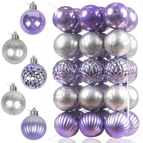 30pcs Christmas Baubles for Christmas Tree Decorations, Shatterproof Xmas Glitter Balls with Hanging Buckle, Christmas Decorations Indoor, Christmas Ornament Set, 60mm Purple Silver